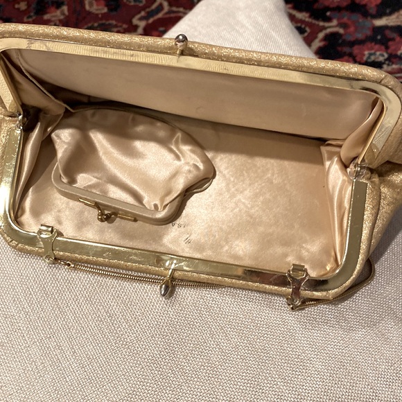 Vintage H L USA Gold Clutch Handbag Purse Wallet kiss closure & attached wallet - Picture 7 of 16